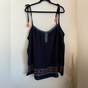 NWT- Hayden Boho Tank Top w/ Embroidery and Tie Shoulder’s Dark Blue